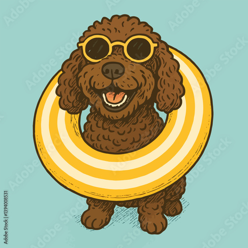 Happy Dog Wearing Sunglasses and Inflatable Ring Illustration