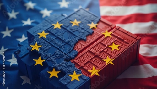 US and EU flags on 3D models: a detailed photograph of 3D models depicting the US and European Union flags, placed side by side.