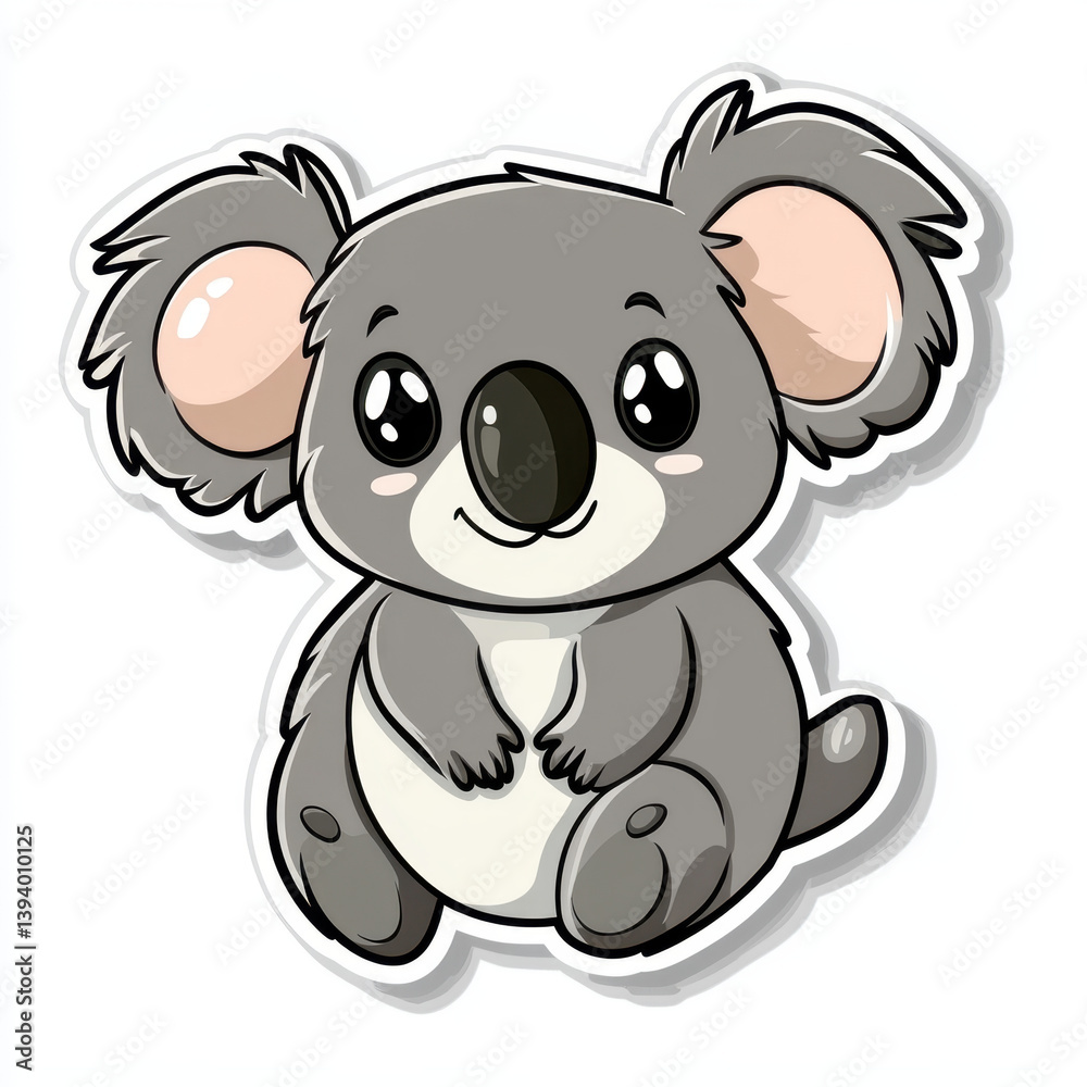Fototapeta premium Cute animal sticker featuring cheerful koala with big eyes and friendly expression. This adorable design captures essence of wildlife in playful way, perfect for decoration