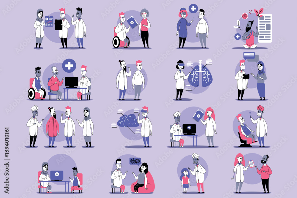Fototapeta premium Collection of various healthcare scenarios featuring doctors interacting with patients, using technology, and conducting medical exams in vibrant and engaging environment