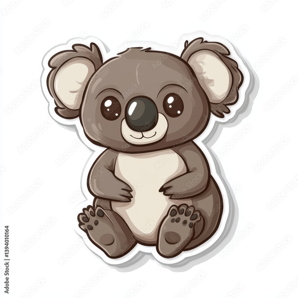 Obraz premium Cute animal sticker featuring cartoon koala with big eyes and friendly expression. This adorable design captures essence of wildlife and brings joy to any collection