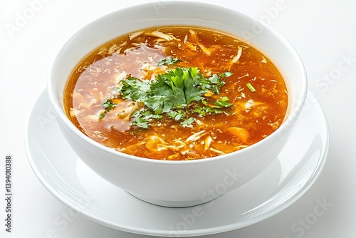 A realistic photo of Hot and Sour Soup, hyper-realistic, isolated on white