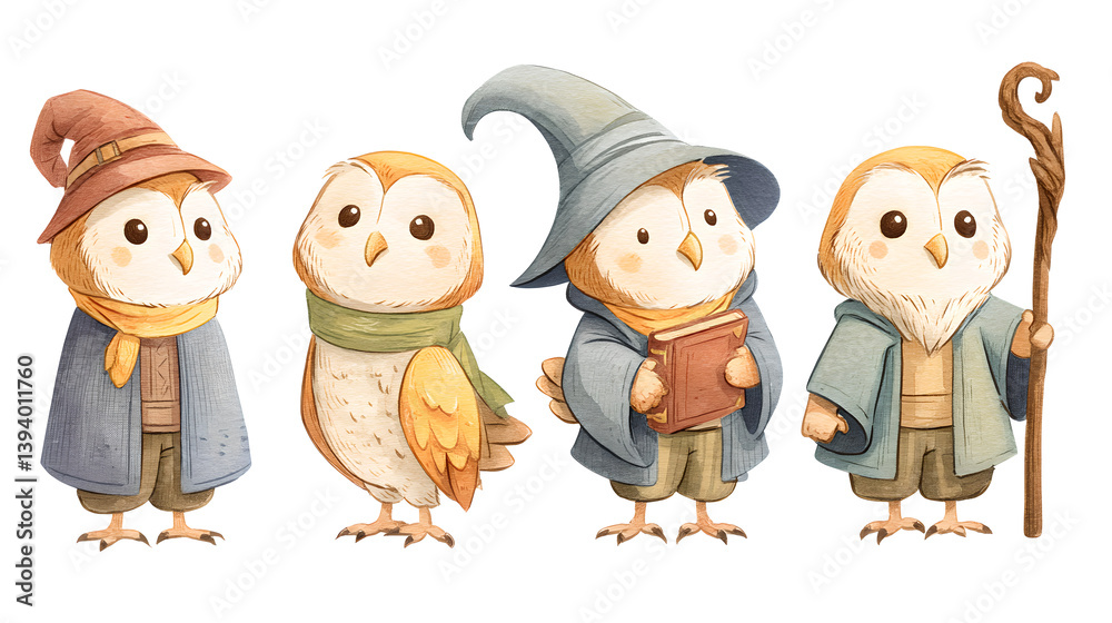 Fototapeta premium Adorable Cartoon Owls in Wizard Attire Watercolor Illustration