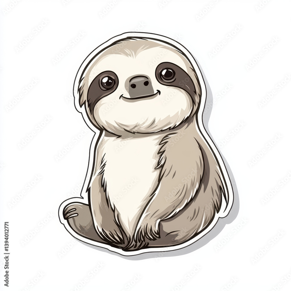 Fototapeta premium Cute animal sticker featuring smiling sloth with soft, furry texture. This adorable design captures essence of relaxation and charm, perfect for adding playful touch to any collection