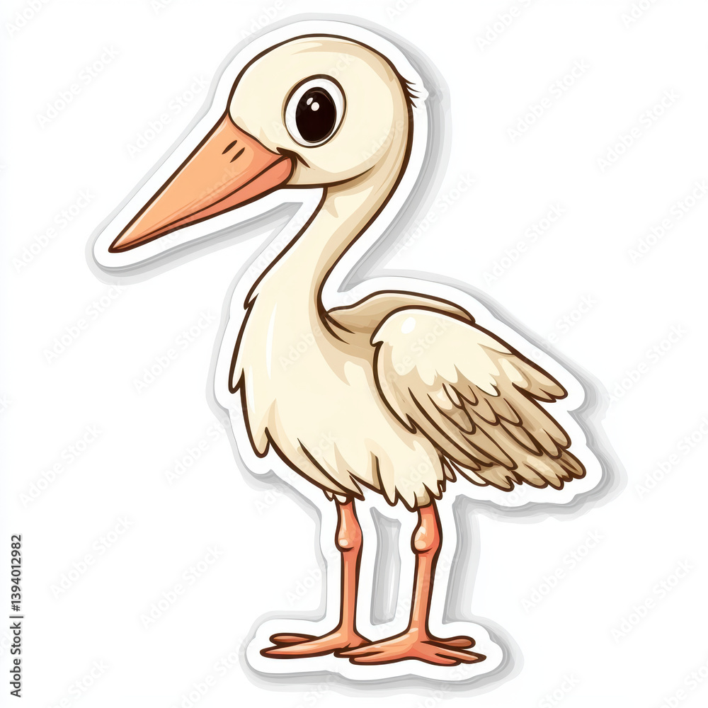 Fototapeta premium cute cartoon animal sticker featuring stork with long beak and fluffy feathers. This whimsical design captures charm of nature and is perfect for various creative projects