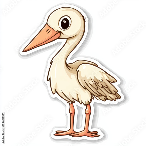 cute cartoon animal sticker featuring stork with long beak and fluffy feathers. This whimsical design captures charm of nature and is perfect for various creative projects photo