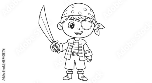 The Adventurous Buccaneer: A delightful cartoon illustration of a youthful pirate, complete with an eye patch and sword, captures the spirit of adventure and imaginative play. 