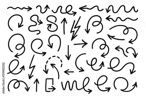 Collection of hand-drawn vector arrows in various curved, spiral, zigzag, and loop styles on a white background, ideal for creative design and presentation elements photo