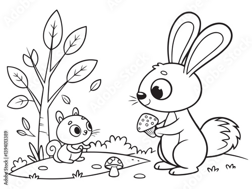 Adorable Forest Animal Coloring Page, Printable Woodland Creatures Scene, Cute Fox, Hedgehog, and Bird Line Art