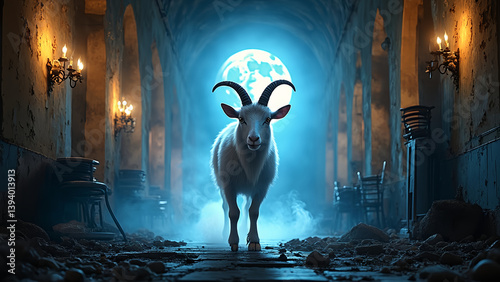 A goat is standing in a dark, smoky tunnel. The goat is looking at the camera with its horns raised