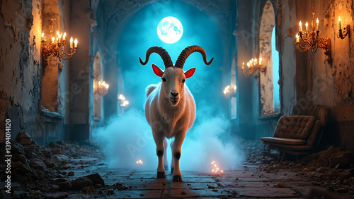 A goat is standing in a dark, smoky tunnel. The goat is looking at the camera with its horns raised
