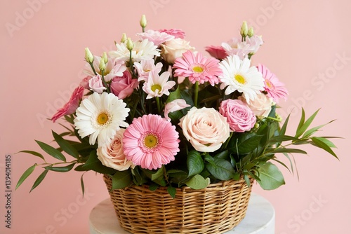 Pink And White Flowers In Basket Floral Arrangement On Pink Background