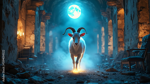 A goat is standing in a dark, smoky tunnel. The goat is looking at the camera with its horns raised