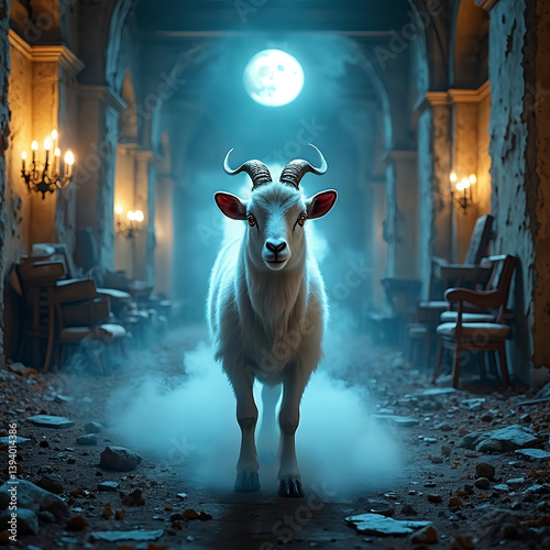 A goat is standing in a dark, smoky tunnel. The goat is looking at the camera with its horns raised