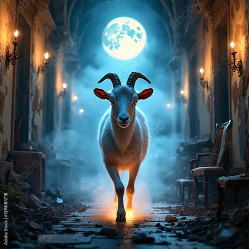 A goat is standing in a dark, smoky tunnel. The goat is looking at the camera with its horns raised