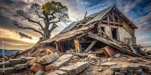 A weathered tree stands sentinel beside a collapsed dwelling, its remnants scattered amidst a field of rubble under a dramatic sunset sky