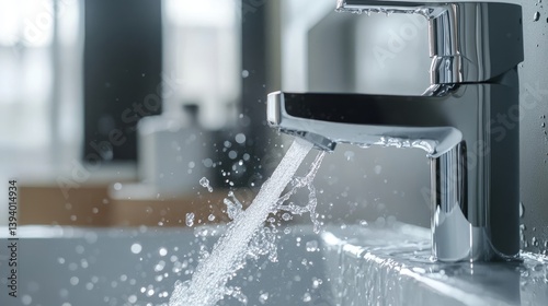 Splashing water droplets under running faucet. international hygiene and sanitation day