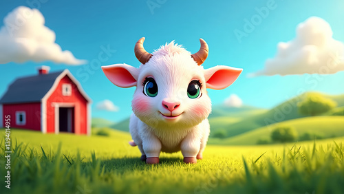 A cute little white goat is standing in a grassy field next to a red barn. The goat is smiling and he is happy