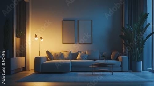 Modern Interior Scene with sofa, lamp, plant and picture frames at twilight creating cozy and calm atmosphere