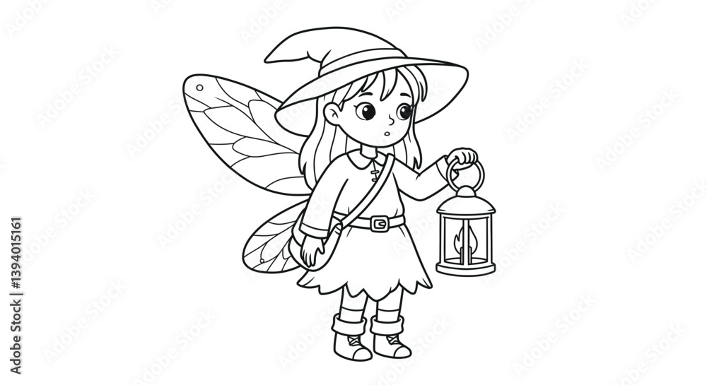 Enchanting Fairy with Lantern: A charming illustration of a fairy, complete with delicate wings, a pointed hat, and a vintage lantern, set against a simple background. Enchanting Fairy with Lantern: A charming illustration of a fairy, complete with delicate wings, a pointed hat, and a vintage lantern, set against a simple background.