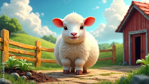 A cute little white goat is standing in a grassy field next to a red barn. The goat is smiling and he is happy