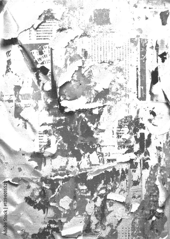 Obraz premium A distressed urban texture of wet, wrinkled posters partially peeling Halftone Abstract Line Texture background