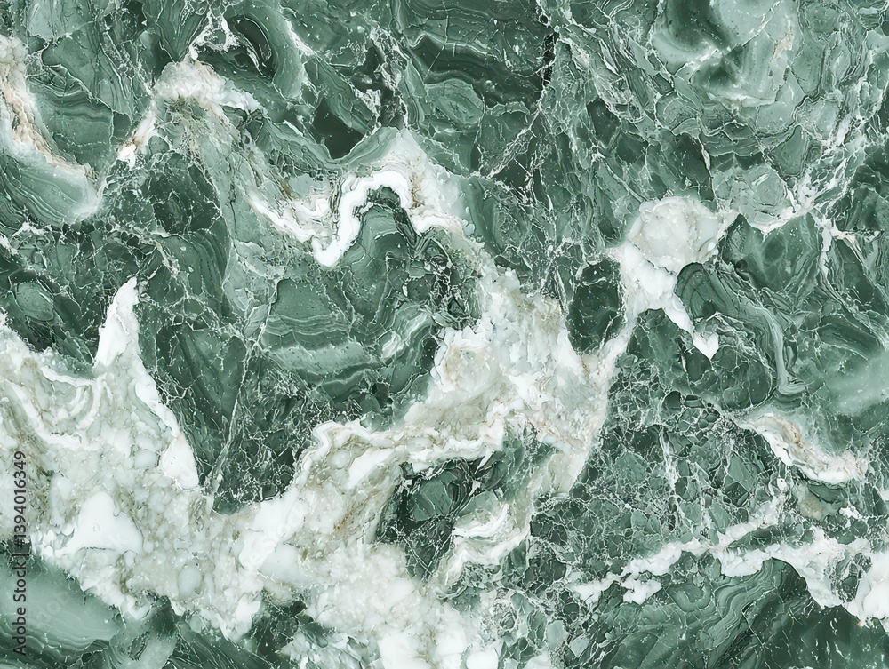 Naklejka premium Deep green and white marble stone slab with intricate, swirled patterns. Ideal for luxurious interior design and architectural projects.