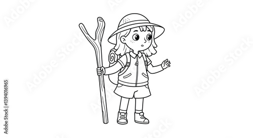 Little Explorer on Adventure: A young girl, ready for a journey, embodies the spirit of exploration with her trusty walking stick and backpack.