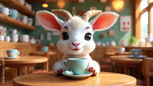 A cartoon goat is sitting at a table with a cup of coffee. The goat is smiling and seems to be enjoying its drink. The scene is lighthearted and playful
