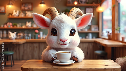 A cartoon goat is sitting at a table with a cup of coffee. The goat is smiling and seems to be enjoying its drink. The scene is lighthearted and playful