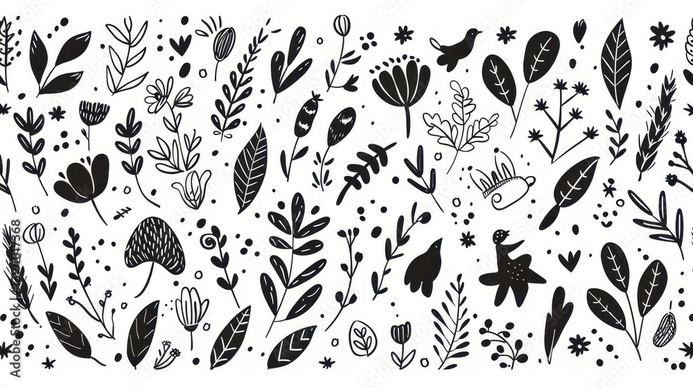Fototapeta premium A monochrome illustration of various plants and flowers in a decorative pattern.