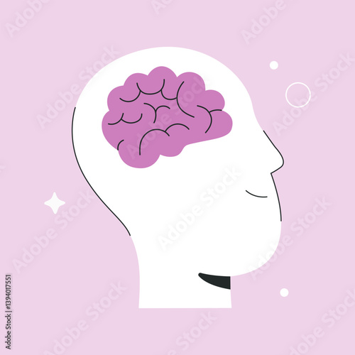 Mindfulness and mental health concept, smiling calm man’s head and creative brain in harmony. Intelligent happy human with peaceful mind and balanced life, flat vector illustration isolated background
