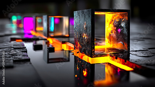 Melting Cyber Grid with Neon Pools and Glowing Digital Decay in 3D Abstract High-Tech Chaos
