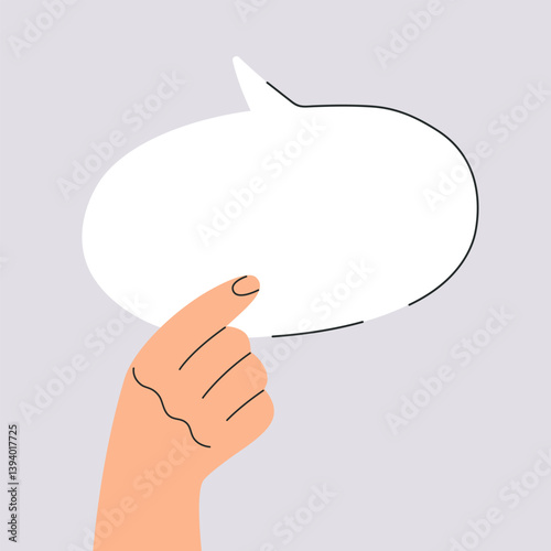 Person holding white speech bubble in hand with space for copy, human sharing opinion, idea or information, modern doodle element for web design, trendy vector illustration isolated on background