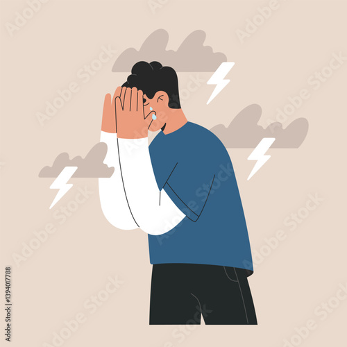 Depressed person under dark clouds with bolt, crying man covers his face with hands, psychological mental health problems. Sad boy in grief feel loneliness and depression, vector isolated illustration
