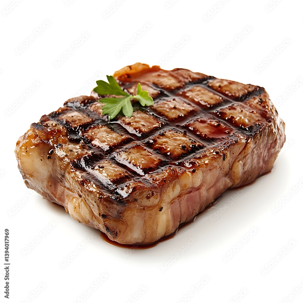 A juicy and tender grilled steak with seared grill marks, isolated white background, modern art style A juicy and tender grilled steak with seared grill marks, isolated white background, modern art style