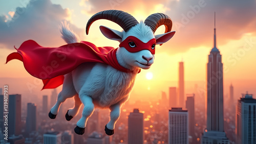A goat is flying through the sky wearing a red cape and a red mask. The goat is surrounded by a cityscape, with tall buildings and a river in the background. The scene is bright and colorful
