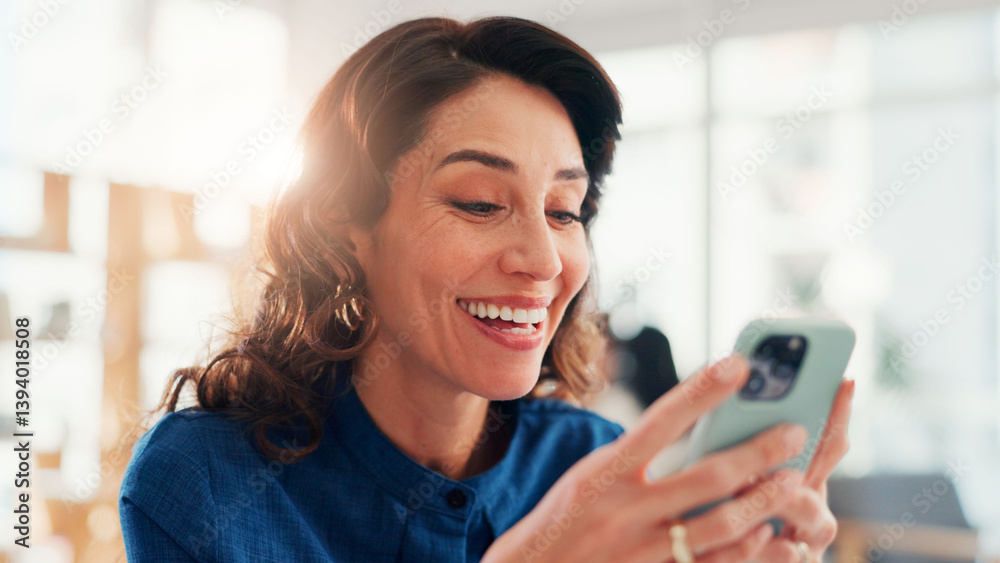 Laughing, meme or businesswoman in office with phone for online news, social media or work break. Smile, check or happy consultant on mobile app for text message, funny joke or feedback notification Laughing, meme or businesswoman in office with phone for online news, social media or work break. Smile, check or happy consultant on mobile app for text message, funny joke or feedback notification
