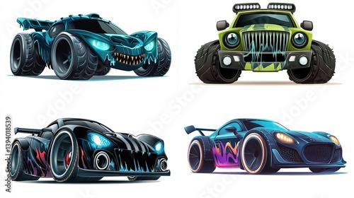Four cartoon monster trucks, various designs.