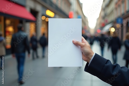 A4 flyer mockup held in the hand of a well-dressed professional in a bustling city street, with blurred pedestrians in the background