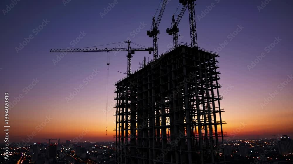 Towering construction silhouette at dusk with urban cityscape and cranes on skyline
