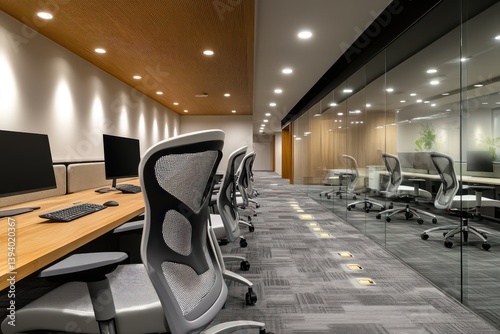 A meticulously designed inclusive office featuring ultra-modern chairs with lumbar support, clear tactile markers, warm recessed lighting, refined blend of natural materials
