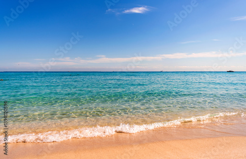 Aquamarine ocean nature. Background of clear turquoise sea water. Idyllic summer vacation. Mediterranean sea. Rippled surface. Ocean beach. Sea water surface. Ripple water of ocean