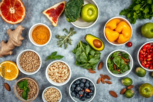 Wallpaper Mural Assortment Of Colorful Fruits, Vegetables, Nuts, And Seeds Are Arranged In Bowls On A Gray Background, Displaying Variety. Healthy eating, balanced nutrition Torontodigital.ca