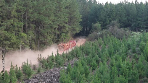 A rugged truck loaded with wooden logs drives down a dusty sandy path, heading into the heart of the forest. photo