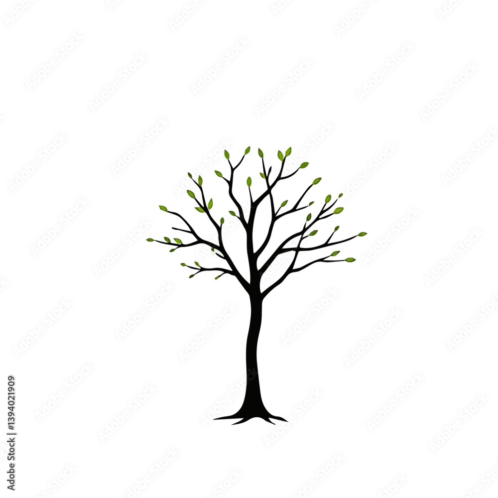 Obraz premium tree silhouette with young green leaves sprouting, symbolizing the beginning of growth, spring, and renewal. Represents concepts such as youth, potential, development, new life, hope, resilience