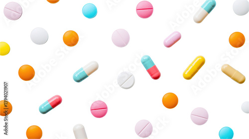 Vibrant Pill Assortment: A colorful array of pills and capsules create a visually striking pattern, showcasing a diverse collection of medications with varied shapes and hues.