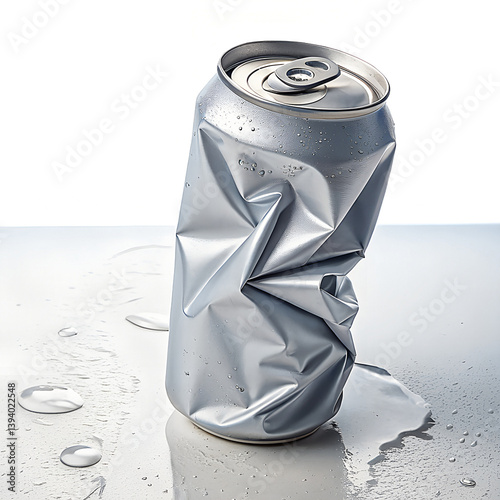 Crushed Beverage Can: A close-up studio shot of a crumpled, metallic beverage can, shedding condensation and reflecting its surroundings, representing waste.