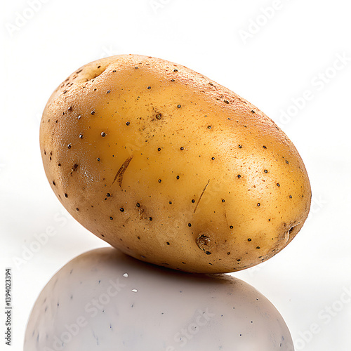 Potato Close-up: A solitary, freshly harvested potato, its skin speckled with dark spots, rests against a reflective surface.