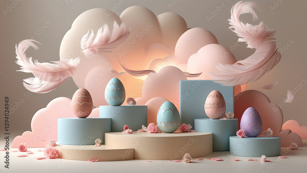 Fototapeta premium Pastel easter eggs on platforms with pink clouds and feathers in a soft studio setting for celebration